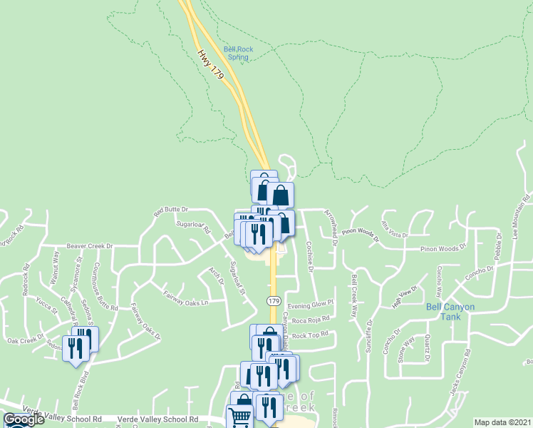 map of restaurants, bars, coffee shops, grocery stores, and more near 6040 Arizona 179 in Sedona