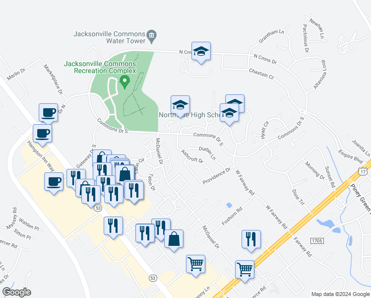 map of restaurants, bars, coffee shops, grocery stores, and more near 148 Durbin Lane in Jacksonville