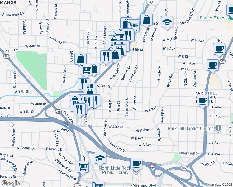 map of restaurants, bars, coffee shops, grocery stores, and more near 3613 Gum Street in North Little Rock