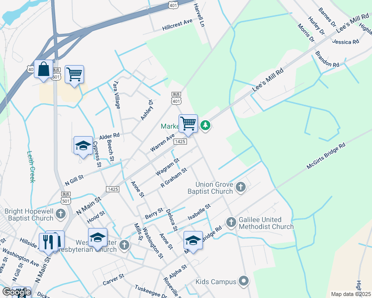 map of restaurants, bars, coffee shops, grocery stores, and more near 602 Wagram Street in Laurinburg
