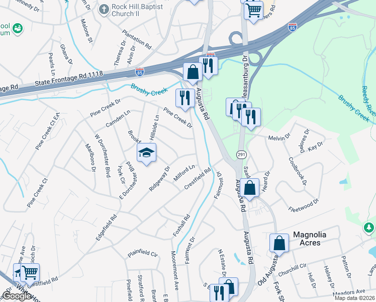 map of restaurants, bars, coffee shops, grocery stores, and more near 45 Ridgeway Drive in Greenville