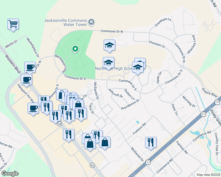 map of restaurants, bars, coffee shops, grocery stores, and more near 133 Durbin Lane in Jacksonville