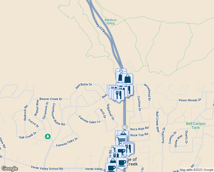 map of restaurants, bars, coffee shops, grocery stores, and more near 135 Canyon Circle Drive in Sedona