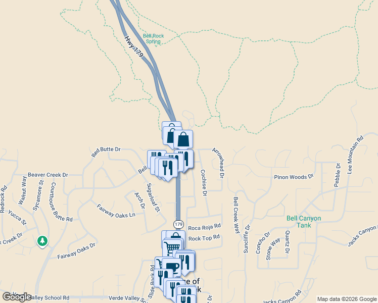 map of restaurants, bars, coffee shops, grocery stores, and more near 245 Arrowhead Drive in Sedona