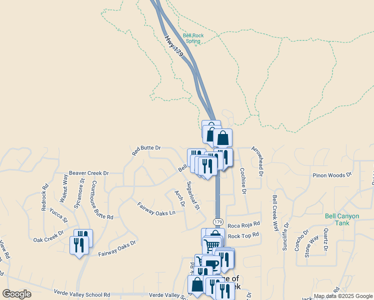 map of restaurants, bars, coffee shops, grocery stores, and more near 135 Canyon Circle Drive in Sedona