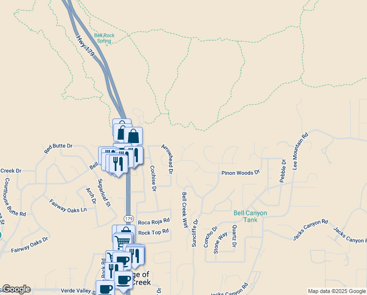 map of restaurants, bars, coffee shops, grocery stores, and more near 18 Cypress Place in Sedona