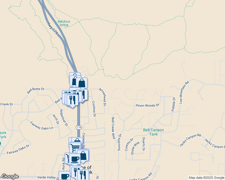 map of restaurants, bars, coffee shops, grocery stores, and more near 18 Cypress Place in Sedona
