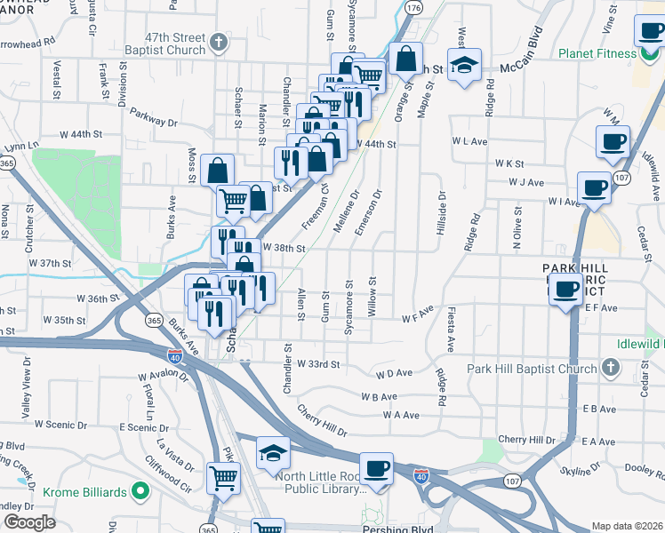map of restaurants, bars, coffee shops, grocery stores, and more near 3613 Gum Street in North Little Rock