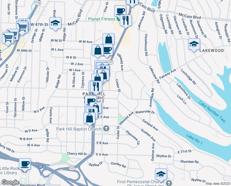 map of restaurants, bars, coffee shops, grocery stores, and more near 230 East H Avenue in North Little Rock