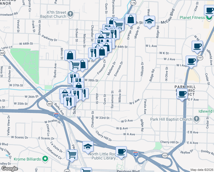 map of restaurants, bars, coffee shops, grocery stores, and more near 3613 Gum Street in North Little Rock