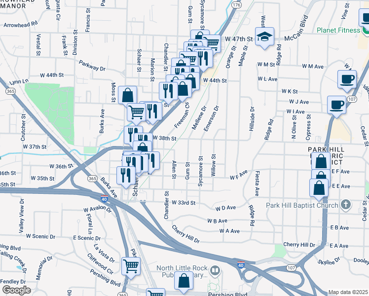 map of restaurants, bars, coffee shops, grocery stores, and more near 3613 Gum Street in North Little Rock