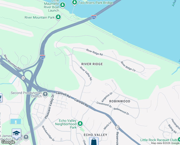 map of restaurants, bars, coffee shops, grocery stores, and more near 17 River Valley Road in Little Rock