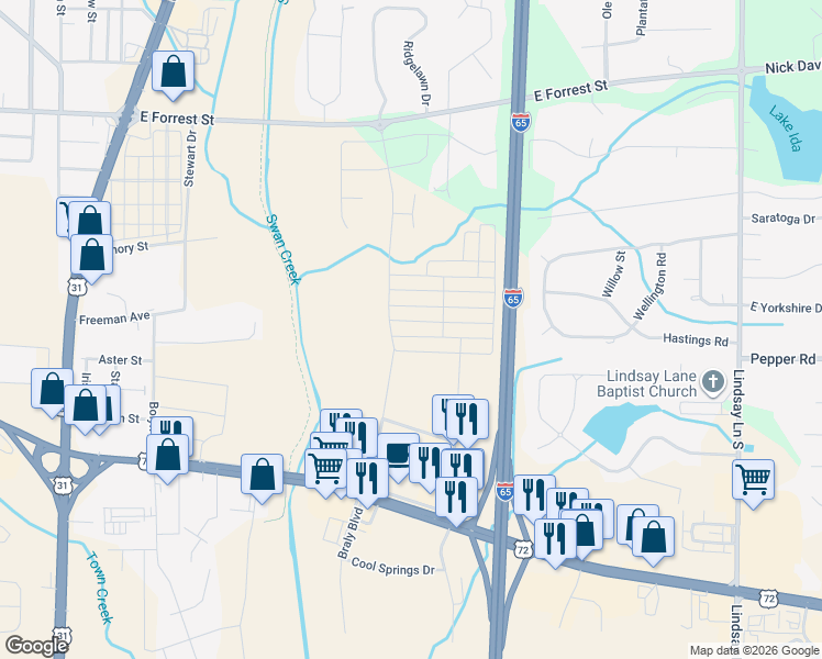 map of restaurants, bars, coffee shops, grocery stores, and more near 411 Brookwood Road in Athens