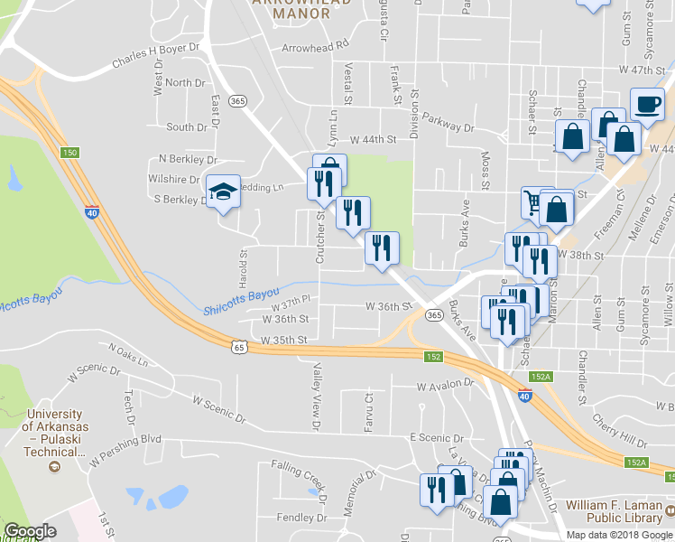 map of restaurants, bars, coffee shops, grocery stores, and more near 1501 West 37th Street in North Little Rock