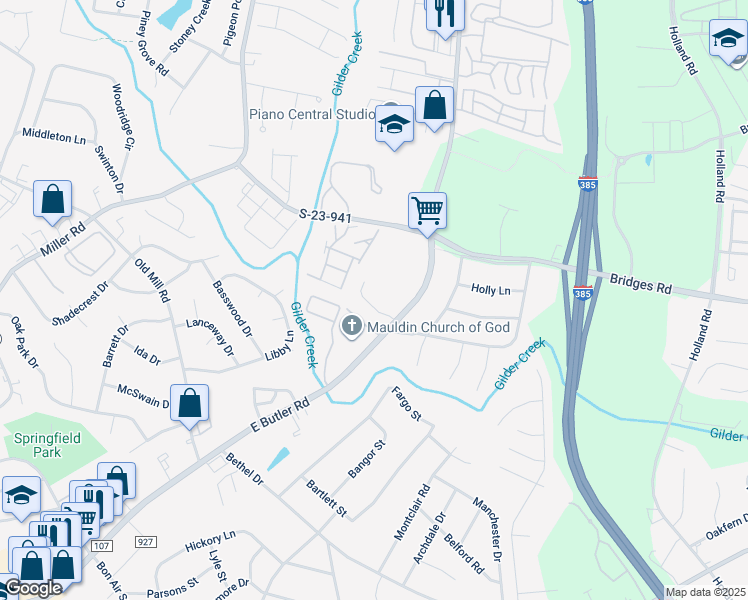 map of restaurants, bars, coffee shops, grocery stores, and more near 501 East Butler Road in Mauldin