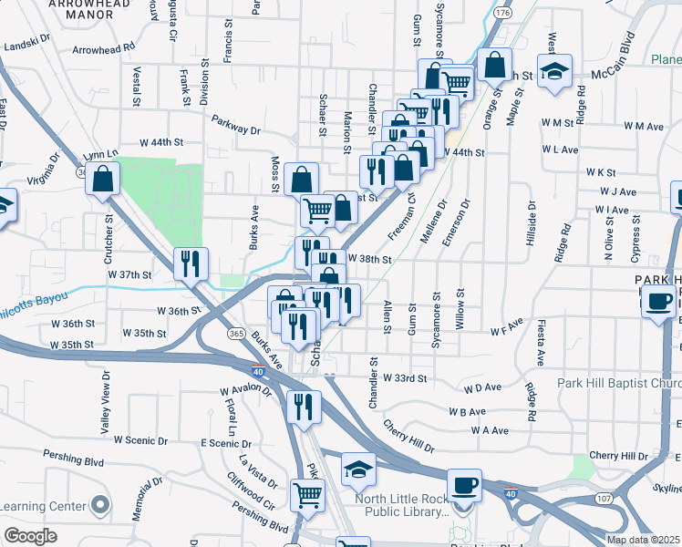map of restaurants, bars, coffee shops, grocery stores, and more near 824 West 37th Street in North Little Rock