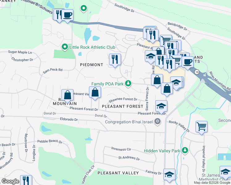 map of restaurants, bars, coffee shops, grocery stores, and more near 8 Shawnee Forest Cove in Little Rock
