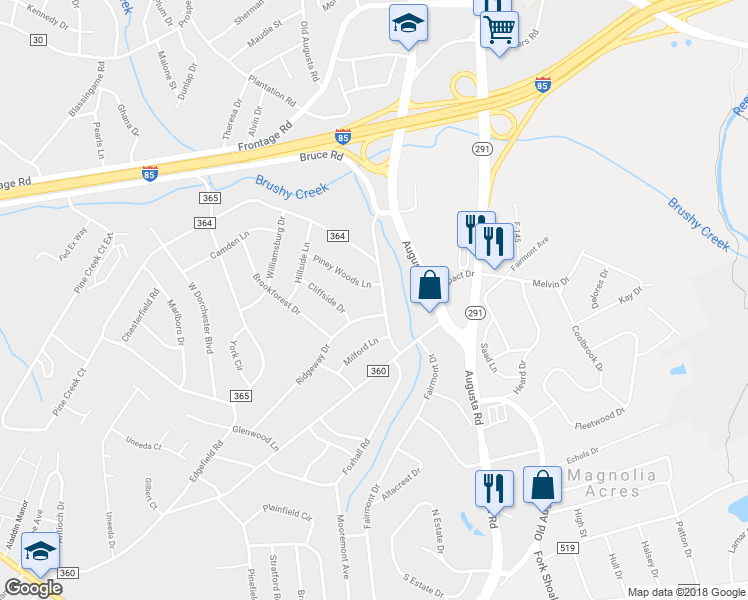 map of restaurants, bars, coffee shops, grocery stores, and more near 7 Pine Creek Drive in Greenville