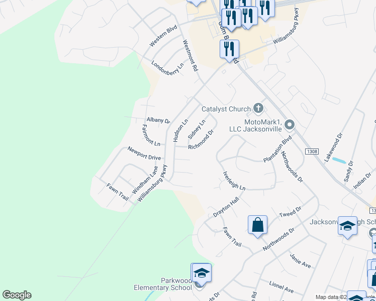 map of restaurants, bars, coffee shops, grocery stores, and more near 331 Richmond Drive in Jacksonville