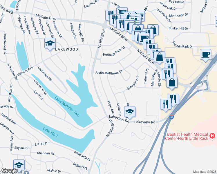 map of restaurants, bars, coffee shops, grocery stores, and more near 3608 Pope Avenue in North Little Rock