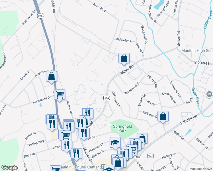 map of restaurants, bars, coffee shops, grocery stores, and more near 2326 Miller Road in Mauldin