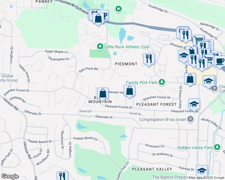 map of restaurants, bars, coffee shops, grocery stores, and more near 12621 Pleasant View Drive in Little Rock