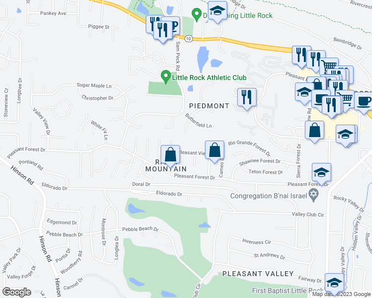 map of restaurants, bars, coffee shops, grocery stores, and more near 12621 Pleasant View Drive in Little Rock