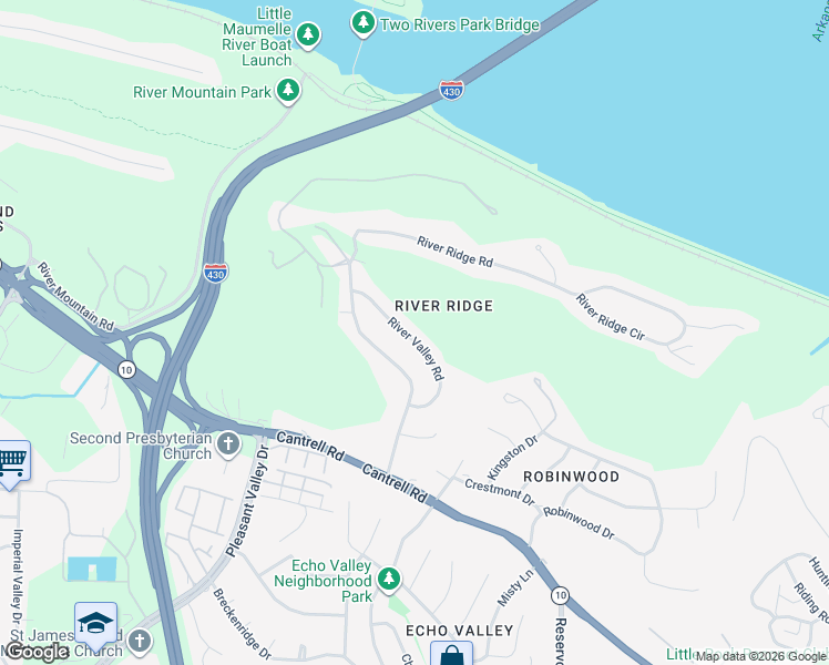 map of restaurants, bars, coffee shops, grocery stores, and more near 17 River Valley Road in Little Rock