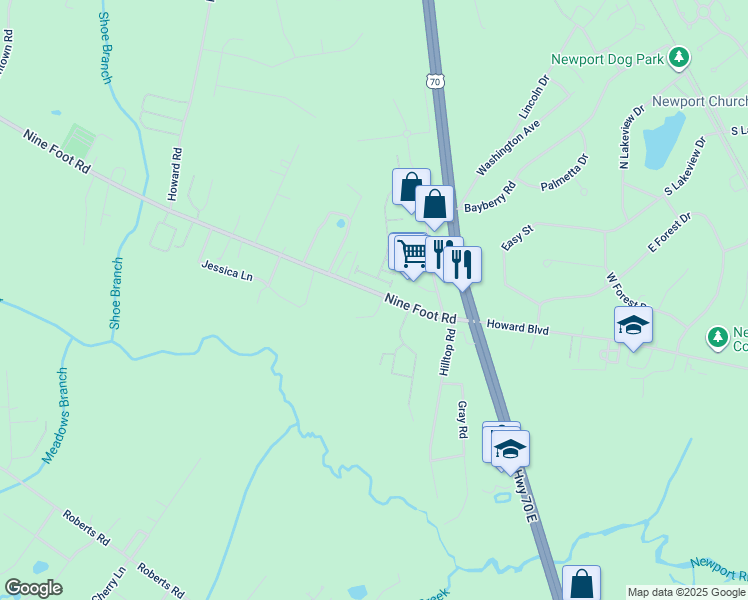 map of restaurants, bars, coffee shops, grocery stores, and more near 207 Nine Foot Road in Newport