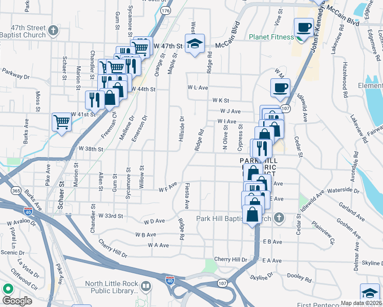 map of restaurants, bars, coffee shops, grocery stores, and more near 3709 Ridge Road in North Little Rock