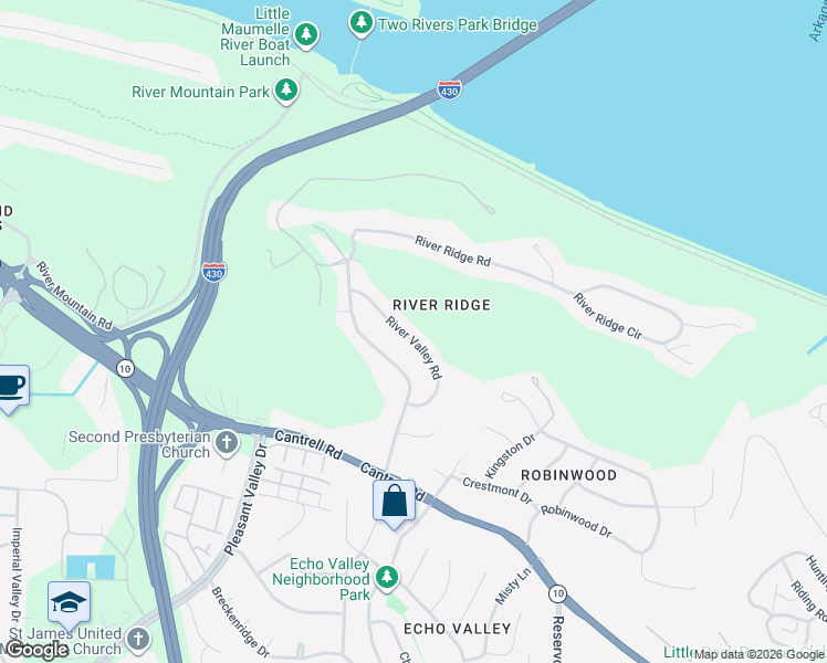 map of restaurants, bars, coffee shops, grocery stores, and more near 17 River Valley Road in Little Rock