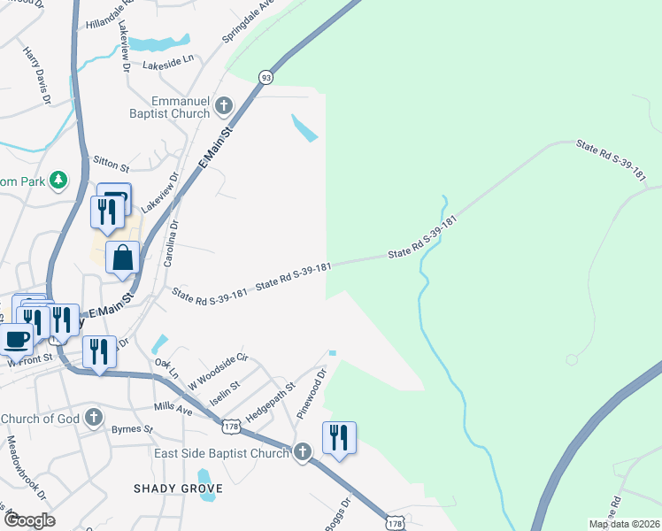 map of restaurants, bars, coffee shops, grocery stores, and more near State Road S-39-181 in Liberty