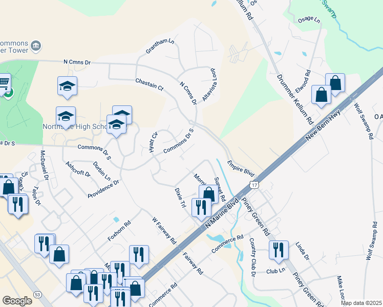 map of restaurants, bars, coffee shops, grocery stores, and more near 207 West Biltmore Lane in Jacksonville