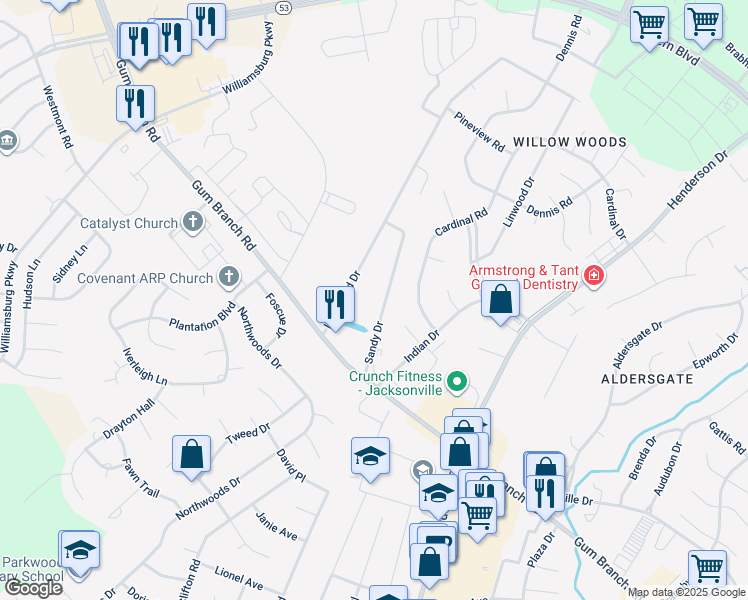 map of restaurants, bars, coffee shops, grocery stores, and more near 139 Sandy Drive in Jacksonville