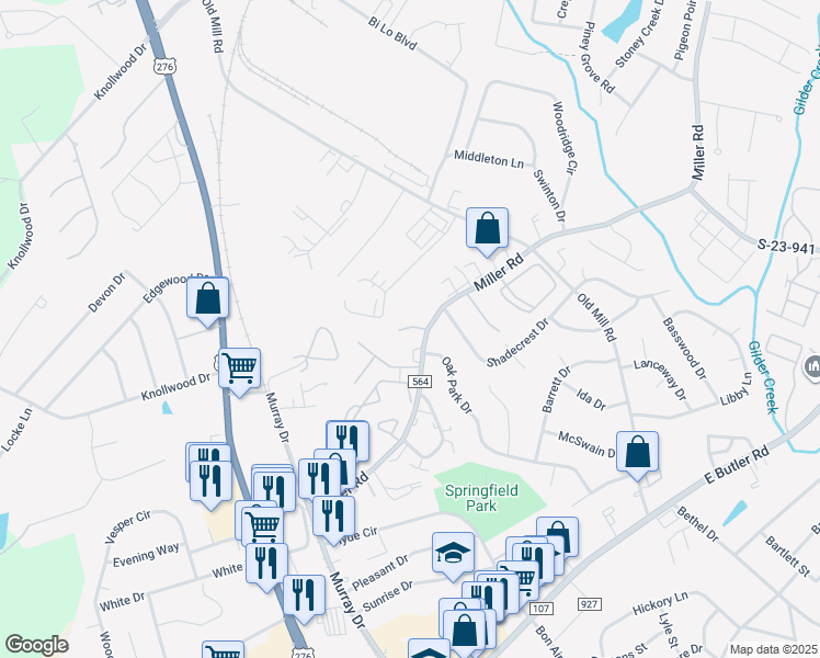 map of restaurants, bars, coffee shops, grocery stores, and more near 2326 Miller Road in Mauldin