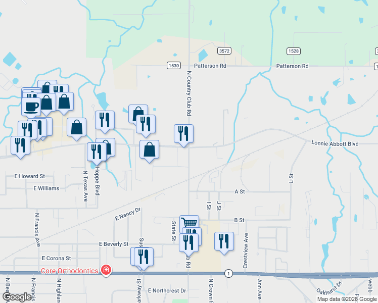 map of restaurants, bars, coffee shops, grocery stores, and more near 1419 North Country Club Road in Ada
