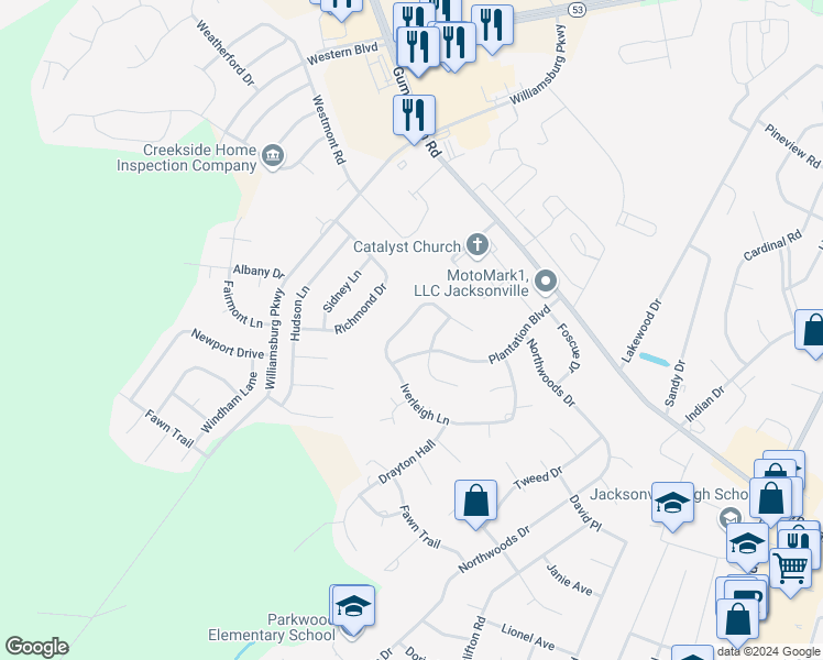 map of restaurants, bars, coffee shops, grocery stores, and more near 308 Iverleigh Lane in Jacksonville