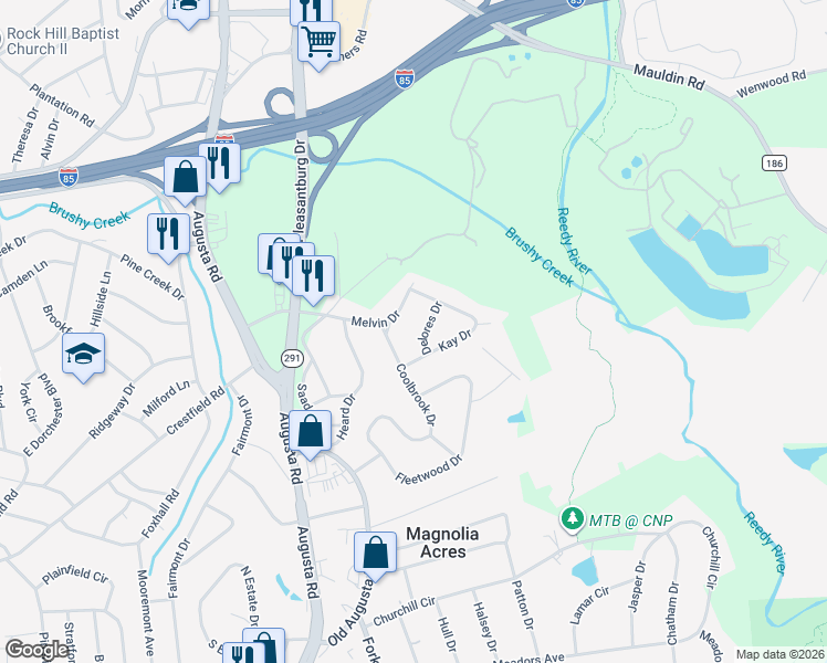 map of restaurants, bars, coffee shops, grocery stores, and more near 11 Coolbrook Drive in Greenville
