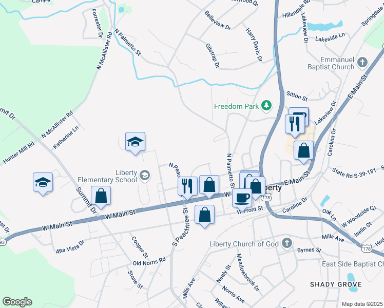 map of restaurants, bars, coffee shops, grocery stores, and more near 120 North Peachtree Street in Liberty