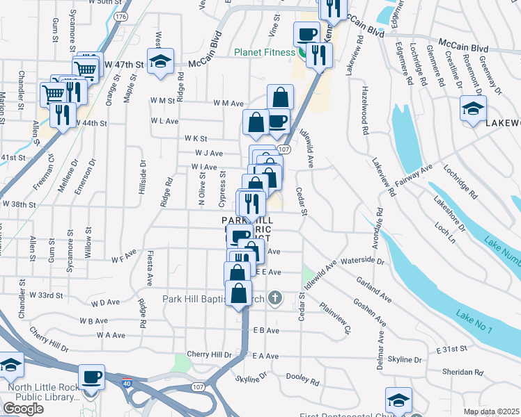 map of restaurants, bars, coffee shops, grocery stores, and more near 201 East G Avenue in North Little Rock