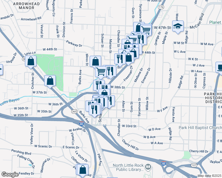 map of restaurants, bars, coffee shops, grocery stores, and more near 824 West 37th Street in North Little Rock