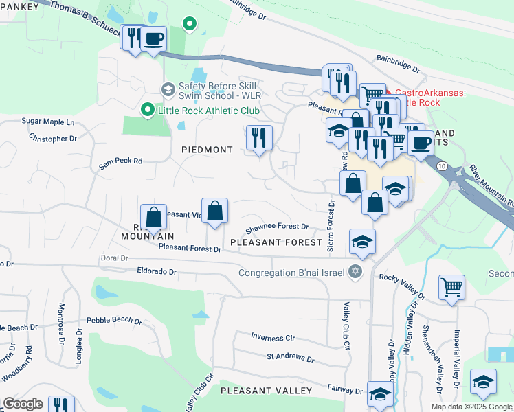 map of restaurants, bars, coffee shops, grocery stores, and more near 8 Shawnee Forest Cove in Little Rock