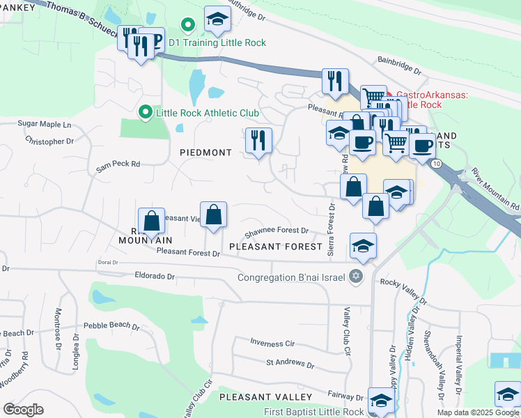 map of restaurants, bars, coffee shops, grocery stores, and more near 22 Rio Grande Forest Drive in Little Rock