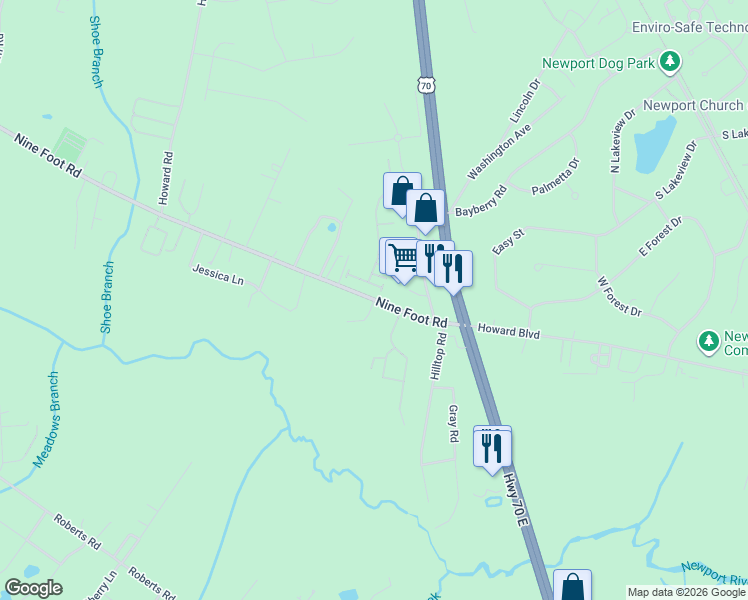 map of restaurants, bars, coffee shops, grocery stores, and more near 204 Nine Foot Road in Newport