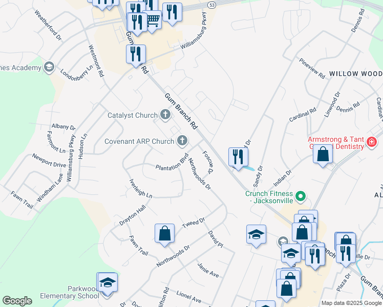 map of restaurants, bars, coffee shops, grocery stores, and more near 2459 Northwoods Drive in Jacksonville