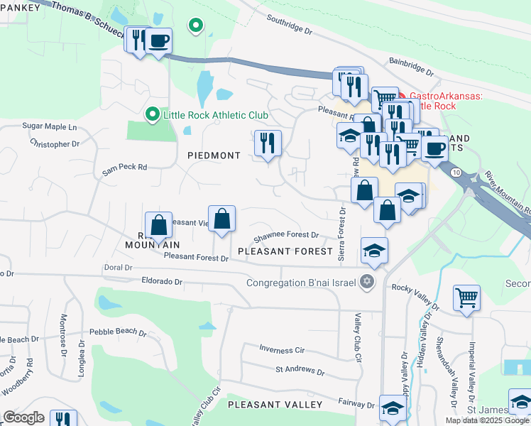 map of restaurants, bars, coffee shops, grocery stores, and more near 8 Shawnee Forest Cove in Little Rock