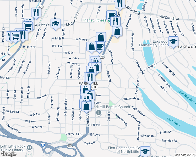 map of restaurants, bars, coffee shops, grocery stores, and more near 205 East H Avenue in North Little Rock