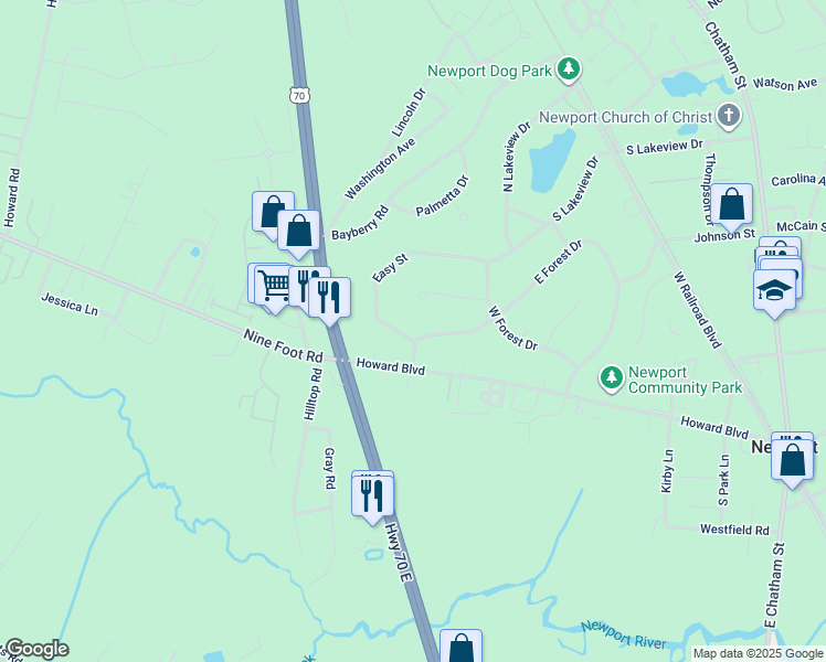 map of restaurants, bars, coffee shops, grocery stores, and more near 2844 Easy Street in Newport
