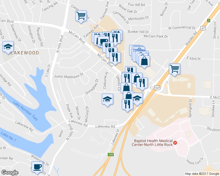 map of restaurants, bars, coffee shops, grocery stores, and more near 3005 Martineau Place in North Little Rock