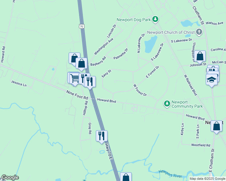 map of restaurants, bars, coffee shops, grocery stores, and more near 2844 Easy Street in Newport